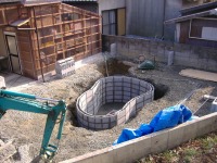 池 ブロック積み,庭池 施工