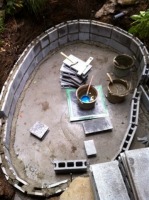 池 リフォーム,錦鯉池 改修,庭池 ブロック積み