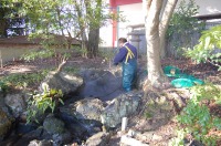 庭池 防水工事,庭池 FRP防水,池 高圧水洗い